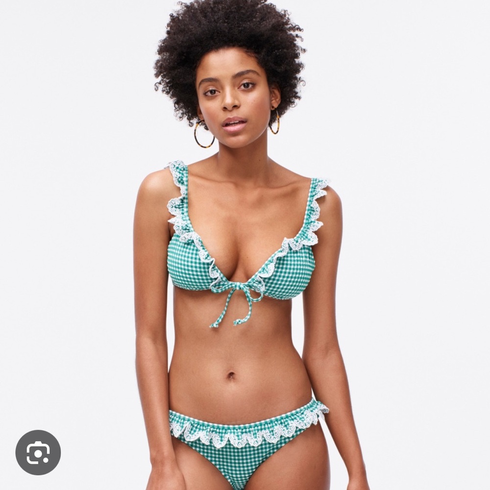 J.Crew scalloped ruffle french bikini top in textured gingham green XL
